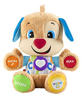 Fisher-Price Lernspaß-Hündchen mit drei Stufen | sprechendes Kuscheltier mit Musik als Kinderspielzeug und Baby Spielzeug | Interaktiver Teddybär, Version: Polnisch, FPM71