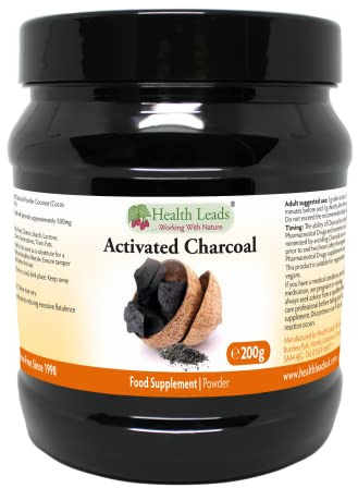 Activated Charcoal Powder 200g | Coconut Shell | Health Leads | EU-approved claim: reduces excessive flatulence. Scoop included. Vegan.