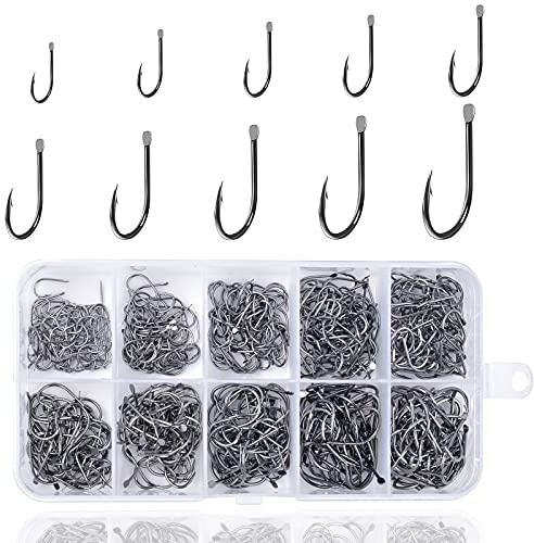 Chstarina 500pcs Anzuelos para Pesca de Acero al Carbono Anzuelos de Pesca en 10 Tamaños Anzuelos de Púas Ganchos de Pesca con Caja de Plástico para Agua Dulce Mar Pista de Peces Agua Salada