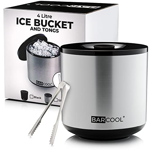 Barcool Ice Bucket with Lid and Ice Tongs | 4 Litre | Round & Double Walled Insulation | Perfect for Home Bars, Pubs, Restaurants, BBQs and Picnics (Silver)