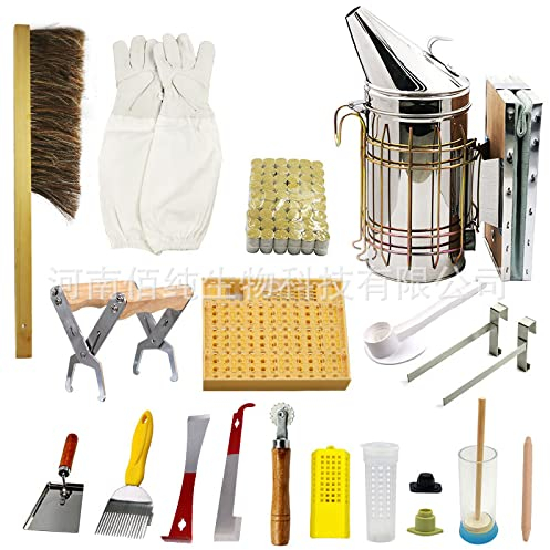 17-teiliges Werkzeug-Set für die Imker, Zubehör für die Imker, Rauchsprüher aus Edelstahl, Klemme für Wabenrahmen, Lederhandschuhe mit Bienenbürste