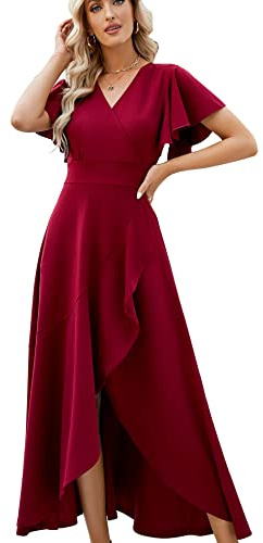 ZZV Formal Dresses for Women Evening Party, Gowns Cocktail Party Dress,Long Split Elegant V Neck Wrap Ruffle Wedding Guest Dresses Burgundy-XL
