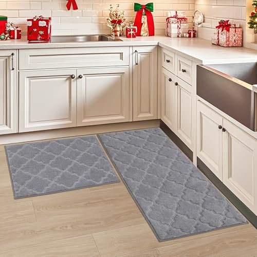 COSY HOMMER Nonslip Kitchen Rug Set 2 Pack, 51x76cm+51x122cm, 100% Polyester Absorbent Soft Kitchen Floor Mats Carpet Rug Mat Runners,Machine Washable & Anti-skid TPR Backing, Grey