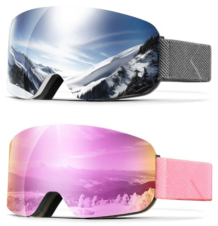 QALLY Ski Goggles for Men Women Snow Goggles Anti fog Snowboard Goggles with 100% UV Protection, White Frame Silver Lens/White Pink Lens