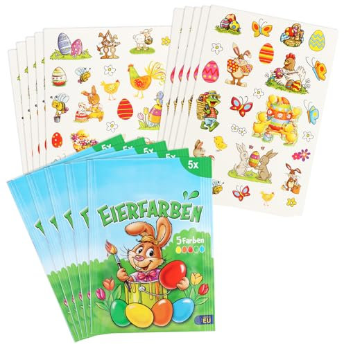 com-four® 5x All-in-One Kreativ-Set - Eierfarben-Pulver und Oster-Sticker - bunte Farben für weiße und braune Eier - Farbe und Aufkleber für Ostereier (025x Farbe/250x Sticker)