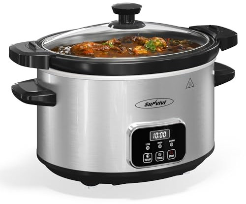 Sunvivi Programmierbarer 4-viertel Slow Cooker mit Verriegelungsdeckel, abnehmbarer Keramiktopf, 3 Heizstufen und Timer, spülmaschinenfest, Edelstahl