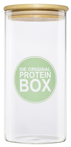 Die Original Proteinbox mit Bambusdeckel - Proteinpulver Aufbewahrung - Proteinpulver Behälter - Luftdichte Proteinpulver Box aus Glas mit Silikonring - Proteinpulver Dose 0,5 kg