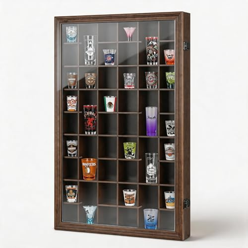 Odjaraye Shot Glass Display Case - 46 Holder for Wall, Rack Organizer Cabinet Lockable With 98% UV Protection Acrylic Door and Removable Shelf, Walnut