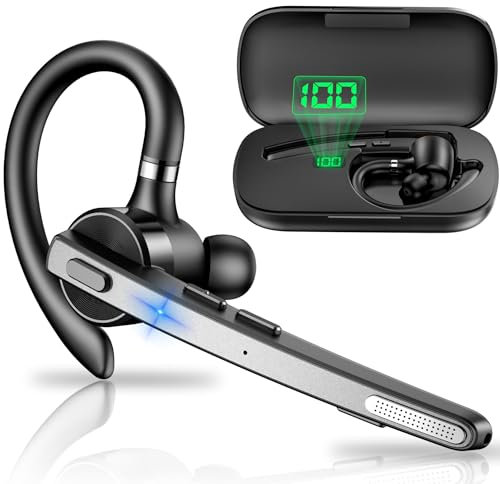 New bee Bluetooth Headsets Dual Mic V5.1 Bluetooth Earpiece Wireless with LED Charging Case 72Hrs Play Time Hands Free Earpiece CVC8.0 for Business/Office with Android iOS Laptop