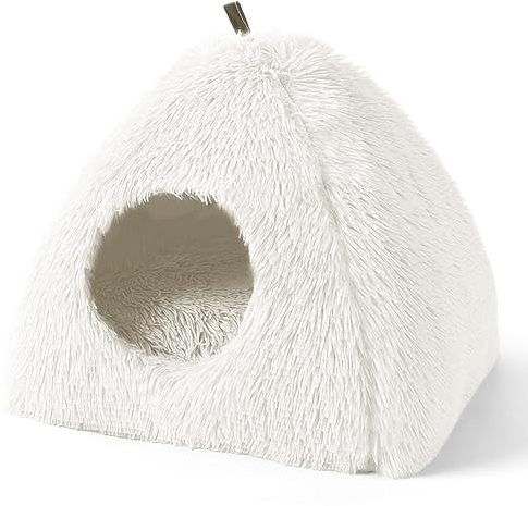 ALLSOPETS Katzenbett Plüsch-Katzenhöhle Bett für Hauskatzen Waschbar Süße Warme Katzenhöhle Gemütliches Katzenbett aus Plüsch mit Kapuze und weichem Kissen Haustierhöhle Weiß