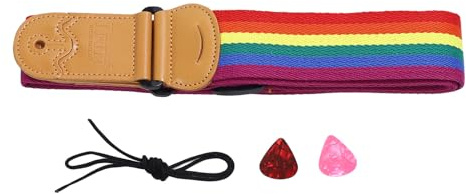 Gitarrengurt Regenbogen, Verstellbarer, Verbreiterter Gitarrengurt mit Kopfplatten-Krawatten-Pick-Tasche für Ukulele-Bass-Elektro-Akustikgitarren (6 farbig)