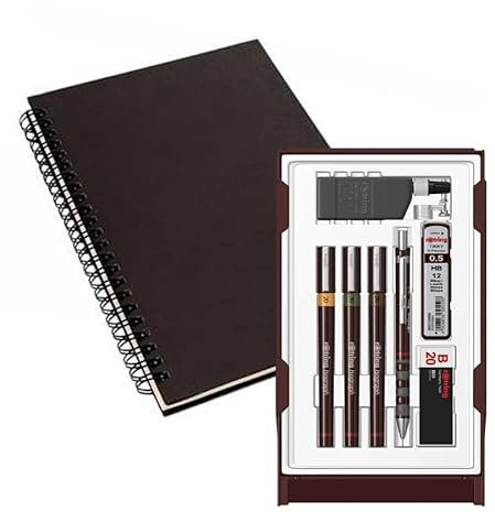 rOtring Isograph Stifte-Set, technischer Stift und Bleistift, College-Set S0699370, 3 Stifte (0,20 mm, 0,30 mm, 0,50 mm) und Druckbleistift (0,5 mm), Zubehör mit Notizbuch