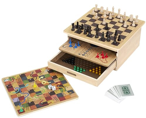 MISTER GADGET, MG3477, Coffret 10 Jeux de Société en Bois, Échecs, Dame, Petits Chevaux, Jeu de l’Oie, Échelle et Serpent, Solitaire, Backgammon, Dame Chinoise, Poker, Dés, Awalé