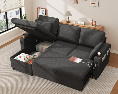 DURASPACE Sofa Bed, Sleeper Sofa Couch with Pullout Bed for Living Room, L Shaped Couch with Storage Chaise, USB, Cup Holder (Dark Gray)