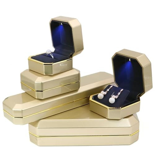JUNYOUDA Ringschatulle Hochzeit Lack-Klavierlack-Ring-Ohrringe-Halsketten-Anhänger-Box mit leichtem, luxuriösem Kunststoff-Schmuck-Organizer als Geschenkverpackung(Gold,Small Ring Box)