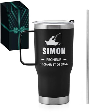 Maverton Mug Isotherme Gravé Noir 0,6l en Acier Inoxydable avec Paille et Boîte - chaud 6h/froid 10h - Cadeau Homme Personnalisé - Cadeau anniversaire homme pecheur