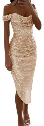 Generic Damen Elegant Pailletten A-Linie Glitzer Langes Gold Spaghetti Ärmellos V-Ausschnitt Fitted Niedriger Rücken A-Linie Sommer Hochzeit Abend/Black-tie Formal Dress EU 36/38