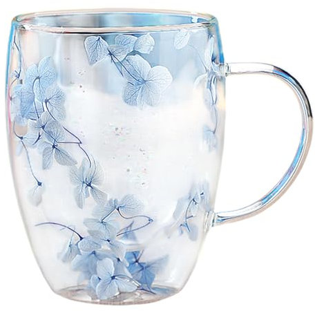 Kaxenig Tasse En Verre À Double Paroi De Fleurs Séchées, 350 ML Tasse À Café À Double Paroi, Tasses À Café En Verre Avec Poignée, Tasse À Café À Fleurs Isolées