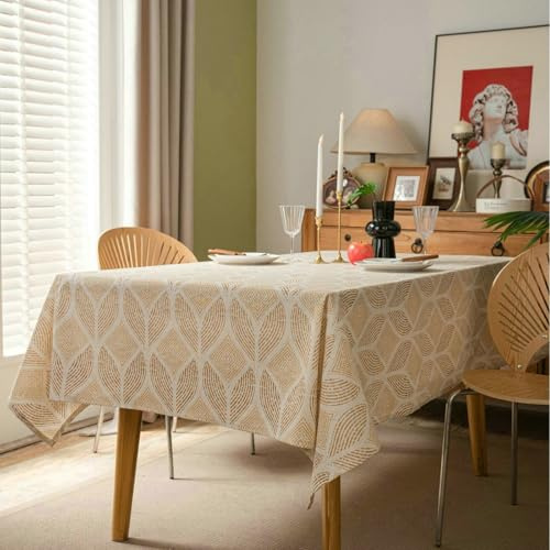 Ayoiow Khaki Tischdecke Abwaschbar Rechteckig 140x160 Baumwolle Leinen Tischdecke Unterlage Wasserdicht Blätter Gedruckt Dauerhaft für Garten