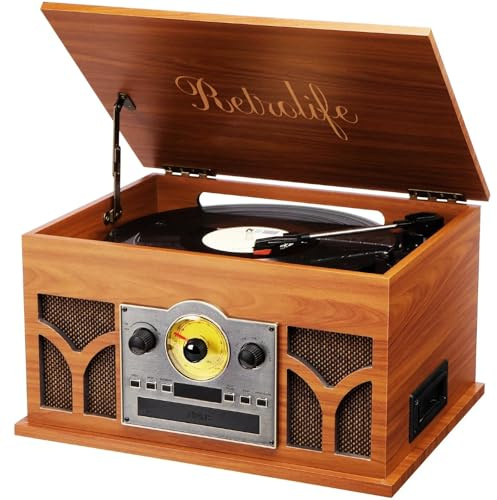 10-in-1 Record Player with Built-in Speakers Wireless Playback, CD & Cassette Player, USB Player, AM/FM Radio, 3 Speeds Turntable Vinyl Record Player Mahogany