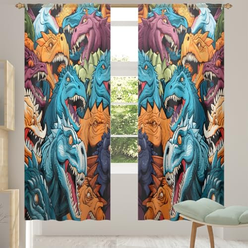 Mexpekil Tende trasparenti per finestre, motivo dinosauro, set di 2 pannelli, in voile, per soggiorno, camera da letto, ufficio, camera dei bambini, tende per finestre, 140 x 200 cm di lunghezza