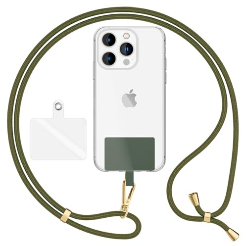 NALIA Universellt Mobilband till Smartphones - Robust Rep & 2 Patches - HOLDME AIR (Klassiskt Halsband med Guldfärgad Karbinhake) - Tyskt Märke, Färg:Olivgrön