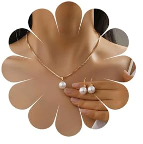 Inateannal Boho Perle Hochzeit Halskette Ohrringe Set Gold Perlen Baumeln Ohrringe Einzelne Perle Anhänger Halskette Kette Brautschmuck Für Frauen