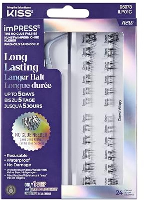 KISS imPRESS Falsies Long Lasting selbstklebende Wimpern, 'Demi Wispy, 5 Tage verlängerte Tragedauer, 24 natürliche Volumen-Wimperncluster (5, 6, 8, 10, 12 und 14mm), präziser Antihaft-Applikator