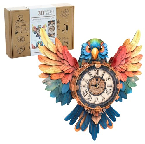 Lilcubics 3D Holz Papagei Uhr Puzzle für Erwachsene, Mechanisches 3D Gebäude Modellbausatz mit Pendel & Glockenspiel, DIY Wanduhr für Home Office Dekor, Papagei Geschenke Ornament für Männer Frauen