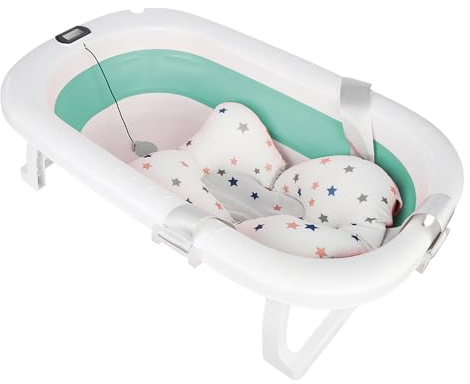 XL Baignoire Bébé Pliable pour Bébé avec Thermomètre Digital, Support de Douche et Coussin Antidérapant (Vert,80x50x23 cm)
