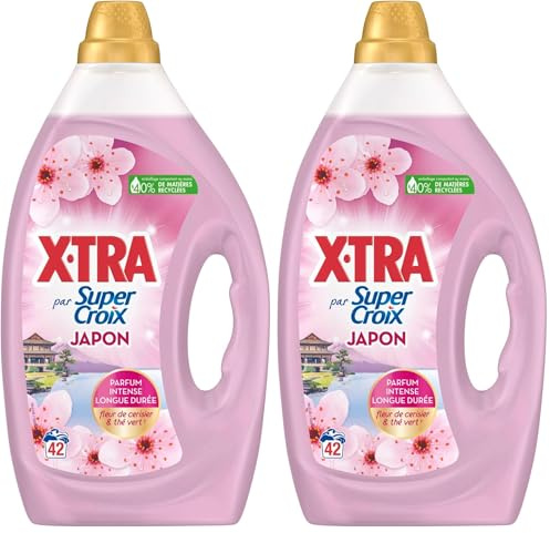X-Tra par Super Croix -Lessive Liquide - Japon - Fleurs de Cerisier & Thé Vert - Moment Evasion - Experience Sensorielle - Parfum Intense - Longue Durée - Efficace dès 20°C - 42 Lavages (Lot de 2)