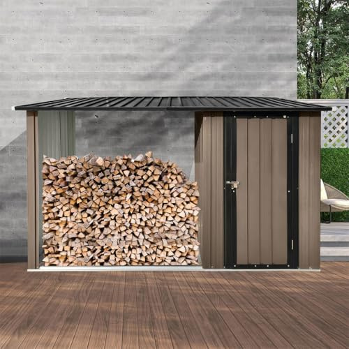 YATON 2-in-1 Outdoor Garden Storage Shed with Firewood Rack, Metal Tool Shed with Sloped Roof, Heavy Duty Galvanized Steel Backyard Storage House for Tools Equipment Firewood, Brown