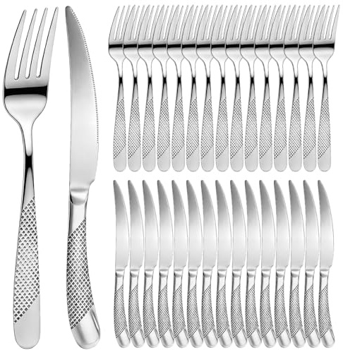 32 Pieces Knife and Fork Sets, Stainless Steel Cutlery Set for 16 People, Dinner Forks of 16 & Knives of 16, Mirror Polished Tableware Silverware Sets for Home Kitchen Restaurant, Dishwasher Safe
