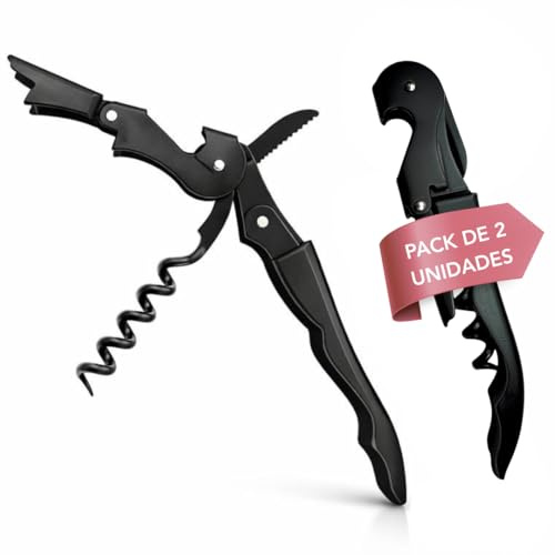 Professional Waiter's Corkscrew – Pack of 2 Matte Black Wine Opener – Double Lever Stainless Steel – Integrated Bottle Opener – Easy and Smooth Removal for Wine