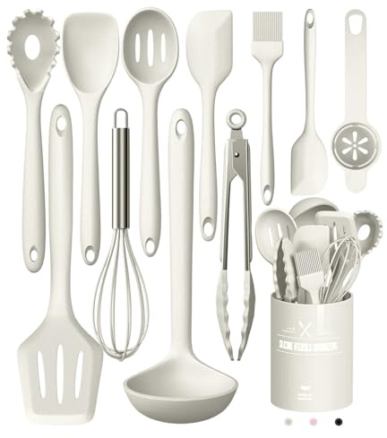12 Stück Küchenhelfer Set, Silikon Küchenutensilien, Antihaftbeschichtet Kochlöffel Set mit Utensilienhalter, Geeignet Für Kochen (Khaki)