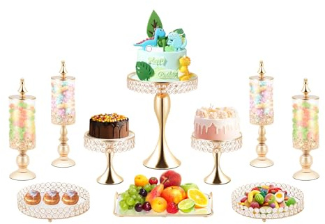 Cake Stand 10 Pieces Elegant French Gold Set Cake Stands Crystal Iron Acrylic Combo Cake Stand with Mirror Acrylic Surface Candy Jars Cake Stand for Display Decoration Wedding Party Dessert Table