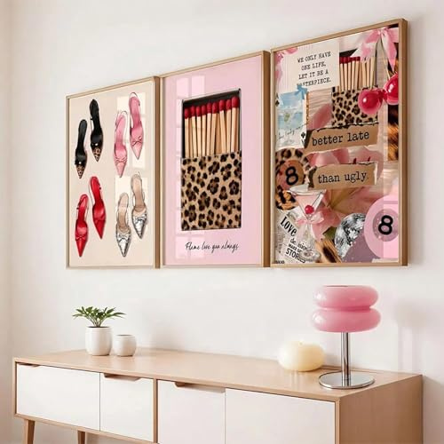 JORCEDI 3er Set Leopardenmuster Wandbilder, Pink High Heels & Streicholzen Poster, Trendige Coquette Wanddekoration für Wohnzimmer Schlafzimmer, Leinwanddruck Ohne Rahmen (40 x 50 cm)