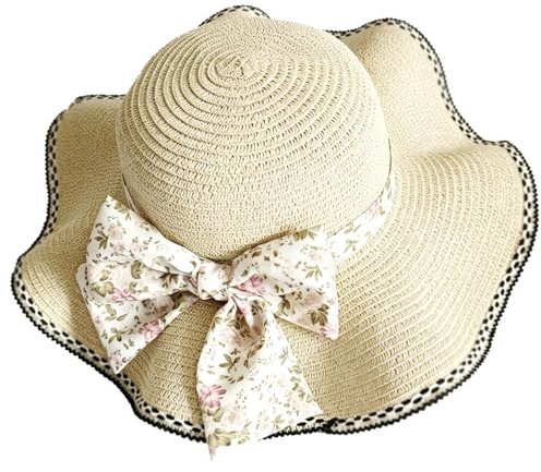 rexinwadfu Foldable Straw Hat Women, Sun Straw Hats with Bow, Beige UV Protection Breathable Summer Beach Cap for Vacation Travel Outdoor, 56-58cm