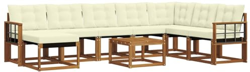 Qnhdfrt Juego de muebles de jardín de 9 piezas, de madera de acacia con tapicería, conjunto modular de sofá para exteriores como grupo de asientos para terraza y jardín, crema natural