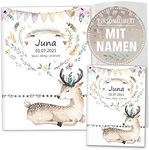 OLGS U-Heft und Impfpass Hüllen 3-teiliges Set Boho Freunde Tiere | Untersuchungsheft Schutzhülle & Impfpasshülle mit Namen und Geburtsdatum (Uhefthülle, Impfpass Hülle Set personalisiert, Reh)