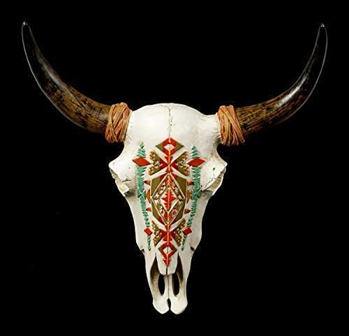 Figuren Shop GmbH Wandrelief Büffel-Schädel mit indianischem Muster 32,5 cm | Kopf Rind Longhorn Hörner Bulle Hörner Wandskulptur Wester Indianer Deko