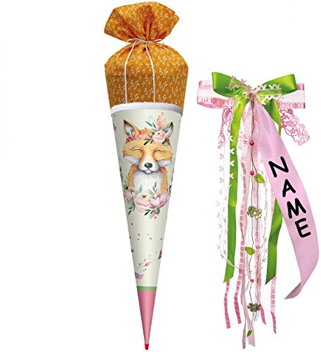 alles-meine.de GmbH Schultüte - mit Stoff bezogen - süßer Fuchs & Blumen - 70 cm - mit Holzspitze - rund - incl. individueller großer Schleife - mit Namen - Filzabschluß - STO..