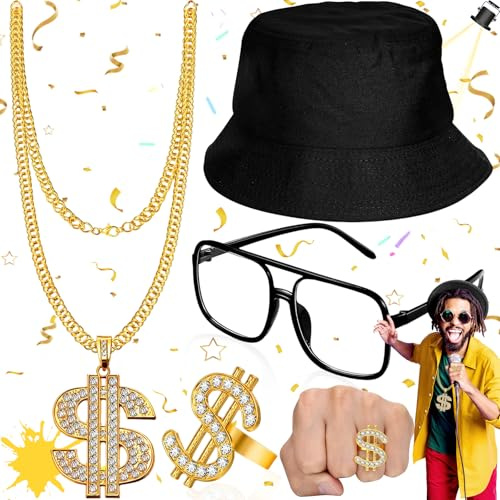 Weploda 4 Stück 90er jahre outfit herren goldkette herren, Halskette Schlager Outfit Herren, Dollar Kette Dollarzeichen Ring, Halskette Party Outfit Herren, Schlagermove Kostüm, Hip Hop Kostüm Set