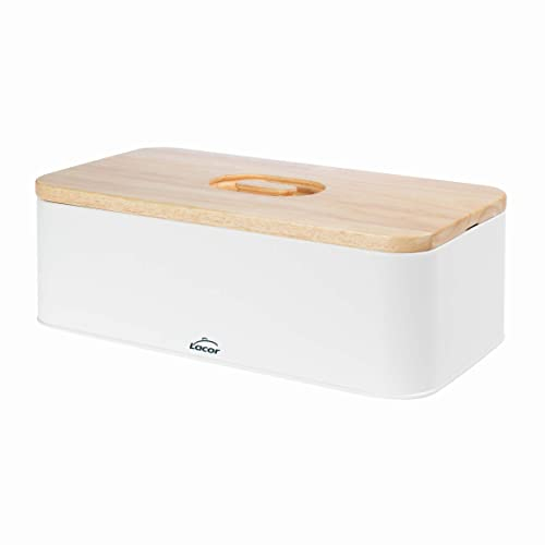Lacor - 62869 - Panera Nordic style Carbon Steel, Piano in legno di gomma, Vintage Design 2 in 1: il coperchio funge da tagliere, misure 42x22,5x12,5cm, bianco opaco.