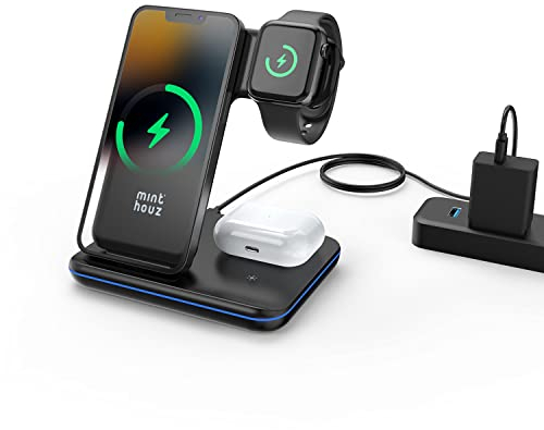 Minthouz 3 in 1 Wireless Charger with 18W Adapter, Fast Wireless Charging Station for Multiple Devices Apple Watch S8/7, AirPods 3/Pro, Wireless Charger Stand Compatible with iPhone 17/16/15/14/13/12