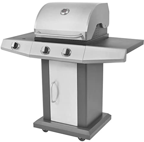 Gasgrill mit 2 große Brenner und 1 Seitenbrenner, BBQ Station Grill mit Fettauffangschale & Thermometer, Rollen, Grillwagen Gusseisen Grillrost Grillstation Camping, Schwarz und Silbern