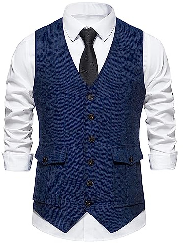 MakingDa Men's Waistcoat V Neck Sleeveless Formal Party Wedding Tweed Waistcoats Classic Business Casual Single-breasted Dress Suit Vest with Pocket-Z-Dark Blue-XXL