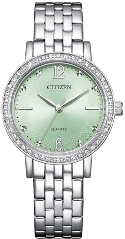 Citizen Damenuhr Edelstahl, Grün, 31 mm, EL3100-55X | Analog Quartz, Kristallglas, 5 bar Wasserdicht, Edelstahlband