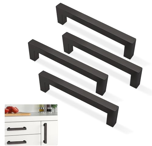 ABRVUAHM 4 Pack Kitchen Door Handles - 128mm Hole Center Black Stainless Steel Cabinet Handles (Screws Included)