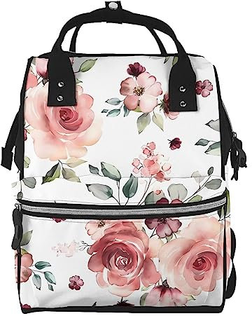 OrcoW Blühende Rose Blumen Drucken Windeltasche Mumie Rucksack Große Kapazität Multifunktions Wasserdichte Windel Tasche Für Mama Und Papa, Schwarz , One size